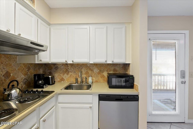 kitchen featuring sink, stovetop, dishwasher, white cabinets, and decorative backsplash