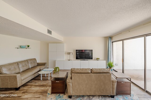 living room featuring light hardwood / wood-style floors and a textured ceiling