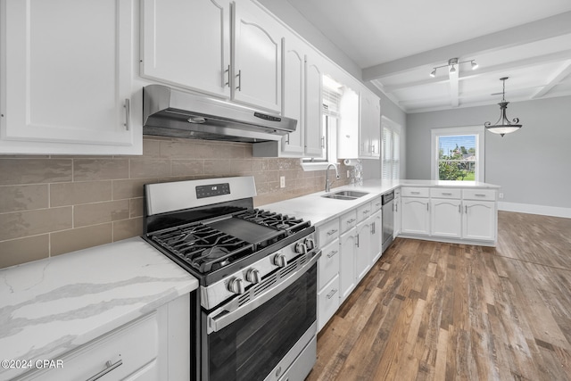 kitchen featuring exhaust hood, white cabinetry, beam ceiling, dark wood-type flooring, and range