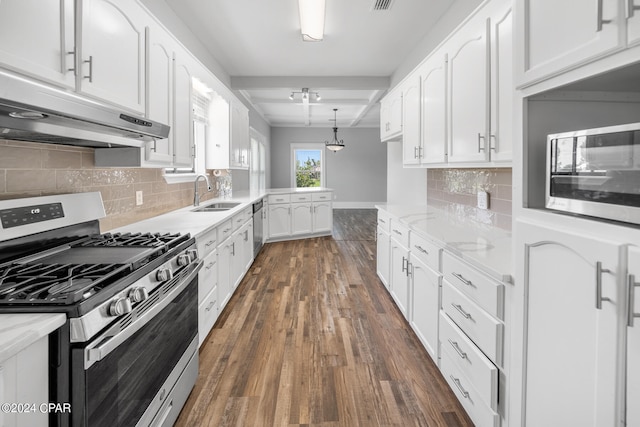 kitchen featuring dark hardwood / wood-style floors, stainless steel appliances, white cabinetry, sink, and decorative backsplash