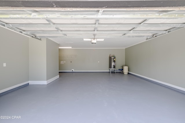 garage with a garage door opener and gas water heater