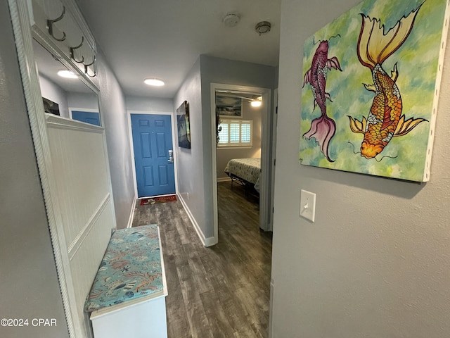 entryway with baseboards and dark wood-style floors