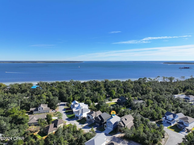 drone / aerial view with a water view