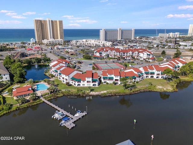 aerial view featuring a water view and a city view