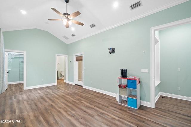 unfurnished bedroom with ceiling fan, ornamental molding, and dark hardwood / wood-style floors