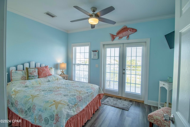 bedroom featuring ceiling fan, wood-type flooring, ornamental molding, and access to exterior