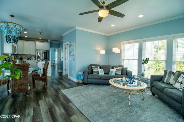 living room featuring ceiling fan, crown molding, and dark wood-type flooring