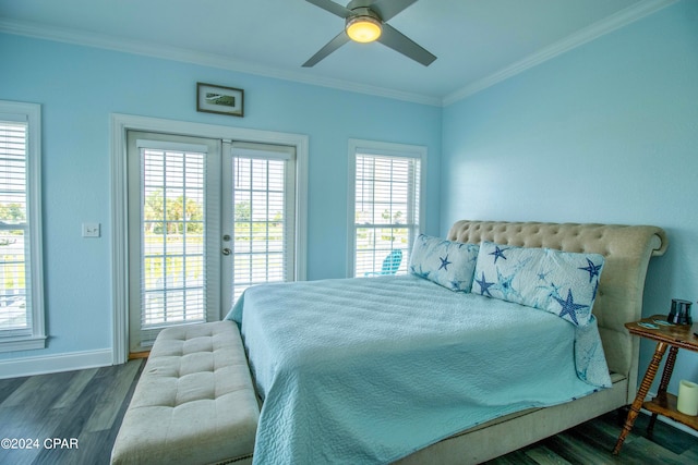 bedroom featuring multiple windows, dark hardwood / wood-style floors, and access to exterior