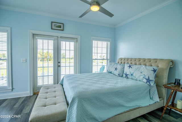 bedroom featuring access to exterior, french doors, crown molding, dark wood finished floors, and baseboards