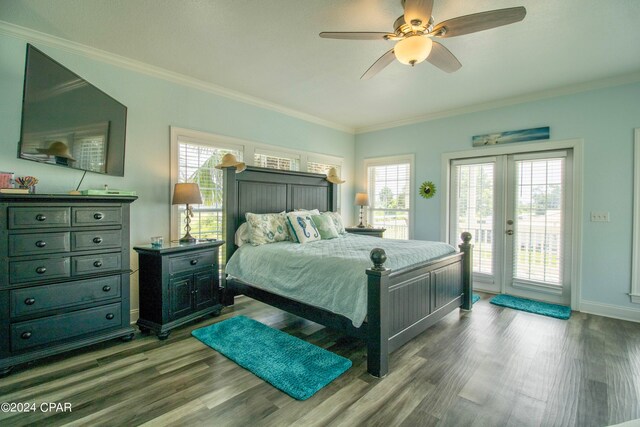 bedroom featuring ornamental molding, wood-type flooring, french doors, access to outside, and ceiling fan