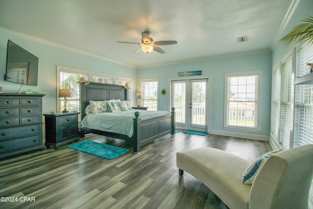 bedroom featuring ceiling fan, crown molding, access to exterior, and hardwood / wood-style flooring