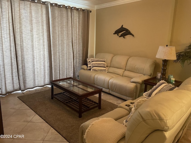 tiled living room with crown molding