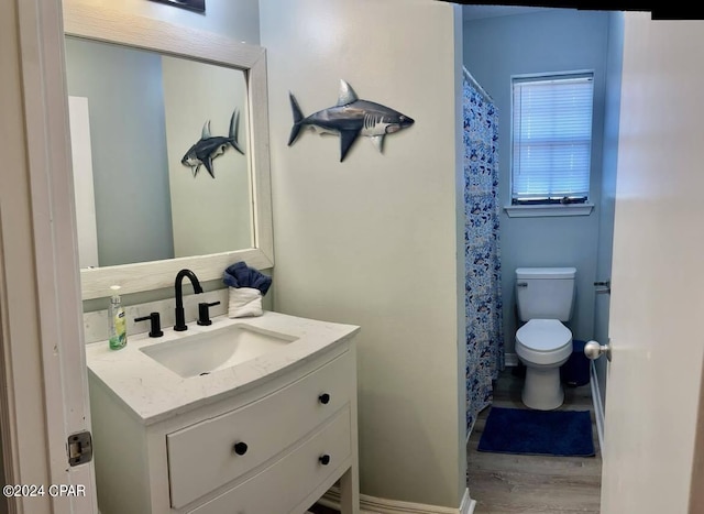 bathroom featuring vanity, toilet, and wood-type flooring