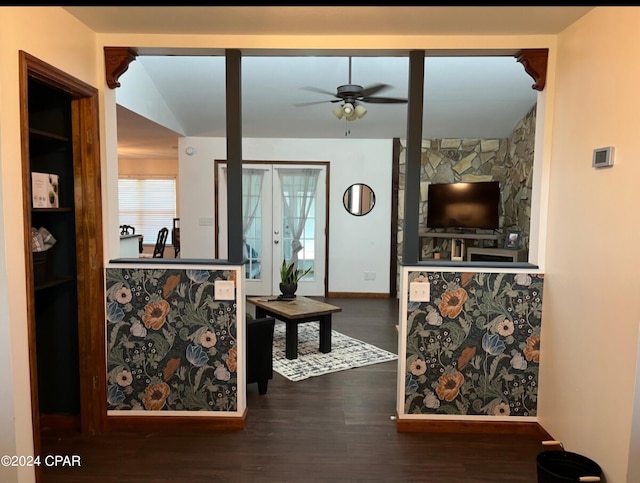 interior space with french doors, ceiling fan, and dark hardwood / wood-style floors