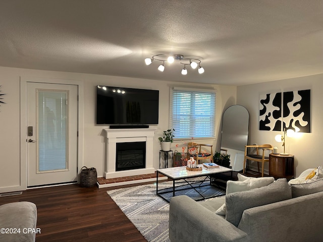 living room featuring hardwood / wood-style flooring, rail lighting, and a textured ceiling