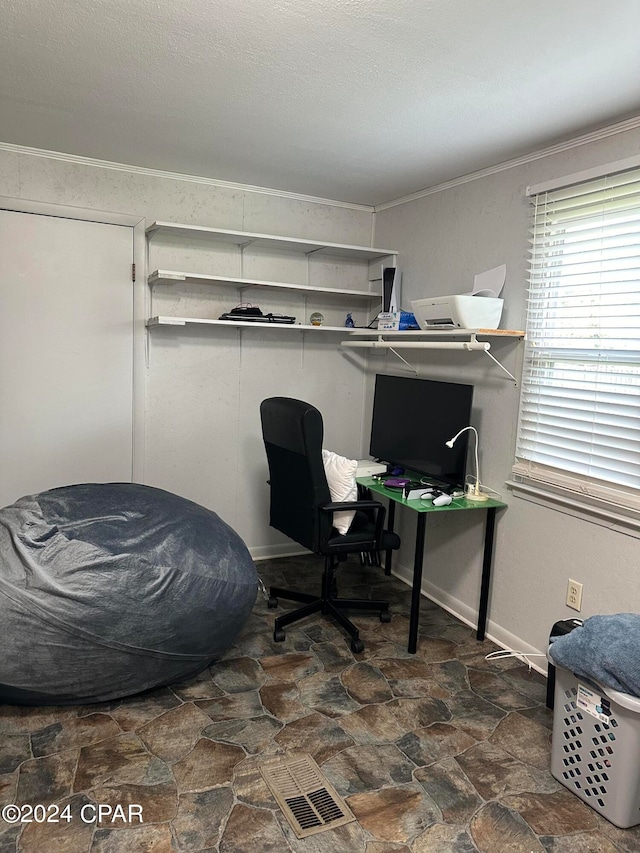 home office with crown molding