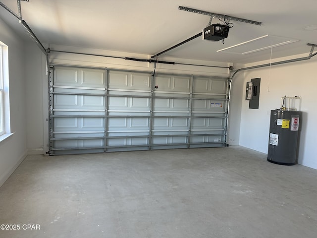 garage with electric panel, water heater, and a garage door opener