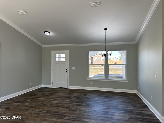 entryway with ornamental molding, visible vents, a chandelier, and dark wood-style floors