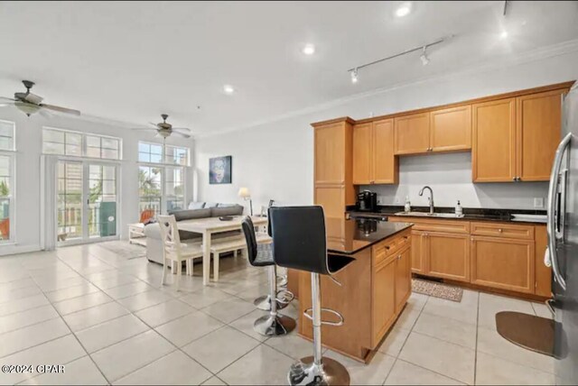 kitchen with ornamental molding, sink, light tile patterned floors, track lighting, and ceiling fan