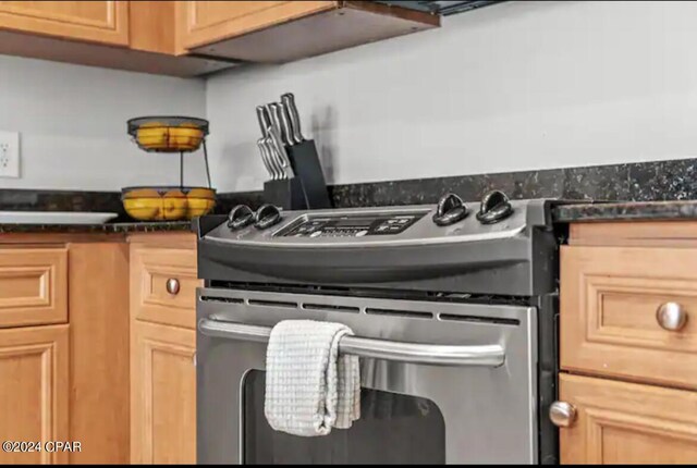 interior details featuring stove and light brown cabinetry