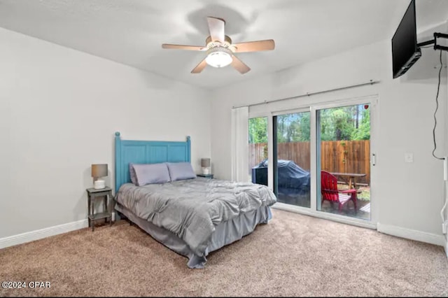 carpeted bedroom featuring ceiling fan and access to exterior