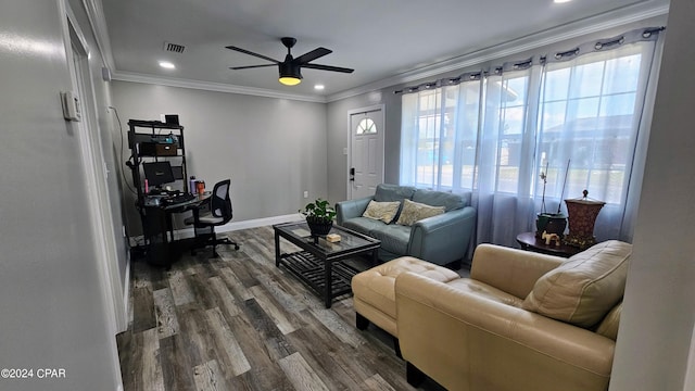 living room featuring ceiling fan, wood-type flooring, and ornamental molding