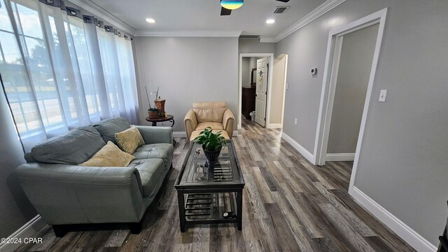 living room with ceiling fan, plenty of natural light, hardwood / wood-style floors, and ornamental molding