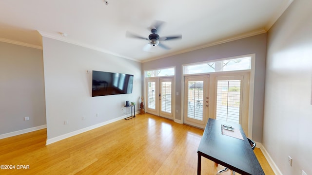 interior space with ceiling fan, ornamental molding, light hardwood / wood-style flooring, and french doors