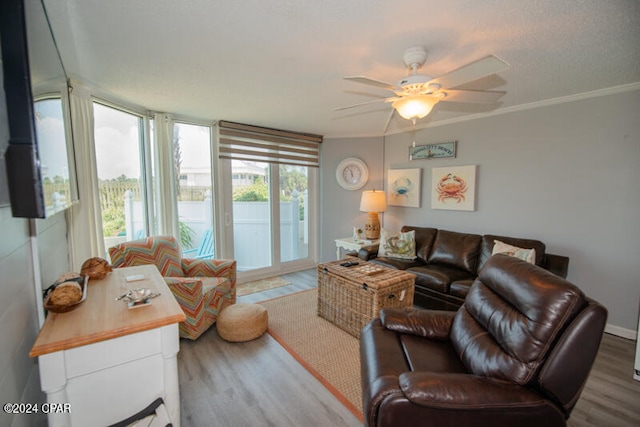 living room featuring crown molding, ceiling fan, and light hardwood / wood-style floors