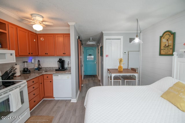 interior space featuring crown molding, light hardwood / wood-style flooring, white appliances, sink, and ceiling fan