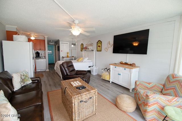 living room featuring a textured ceiling, ceiling fan, and light wood-type flooring