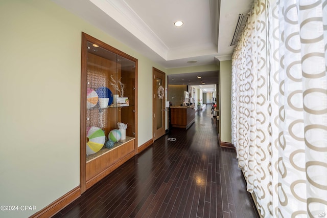 hall with a tray ceiling and dark hardwood / wood-style flooring