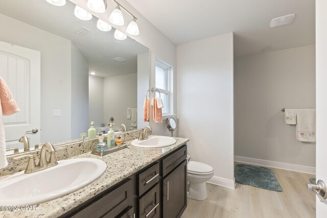 bathroom with vanity, toilet, and wood-type flooring