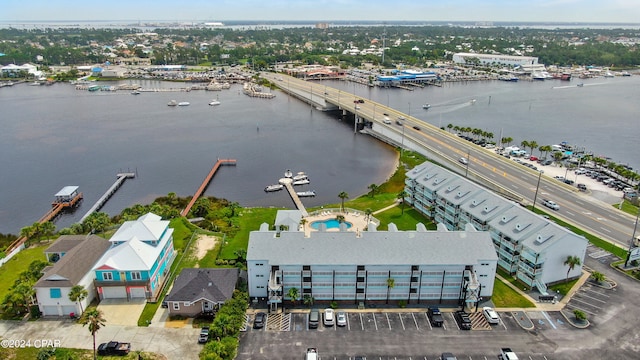 drone / aerial view featuring a water view