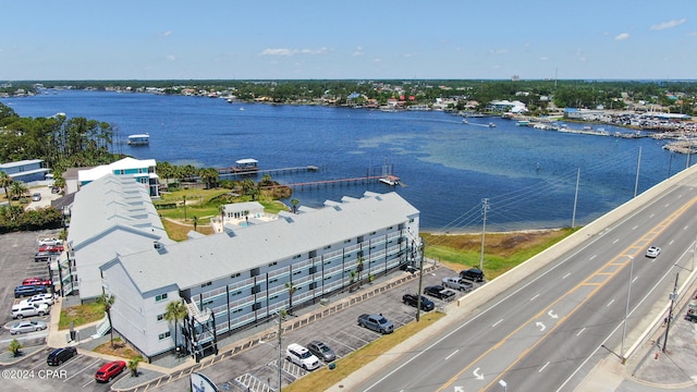 bird's eye view with a water view