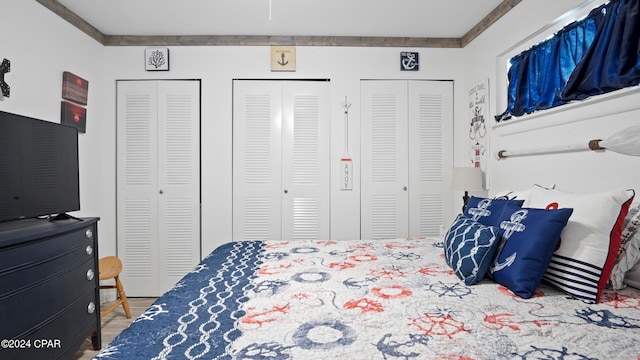 bedroom featuring two closets, crown molding, and wood-type flooring