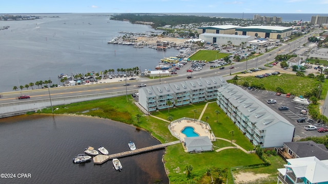 bird's eye view with a water view