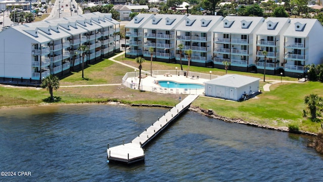 drone / aerial view with a water view