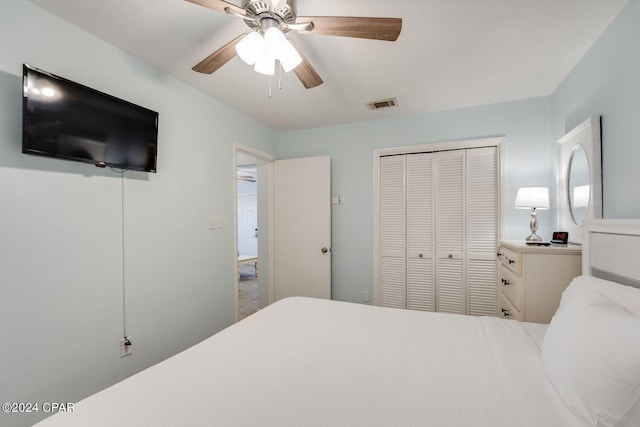 bedroom featuring a closet, visible vents, and a ceiling fan