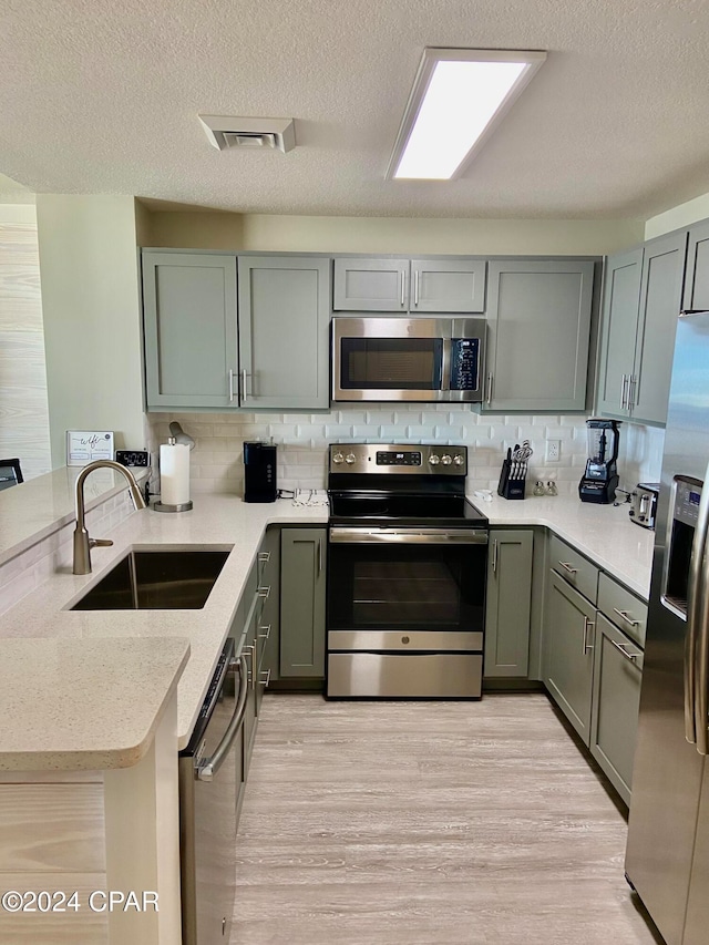 kitchen with appliances with stainless steel finishes, light hardwood / wood-style floors, sink, kitchen peninsula, and a textured ceiling