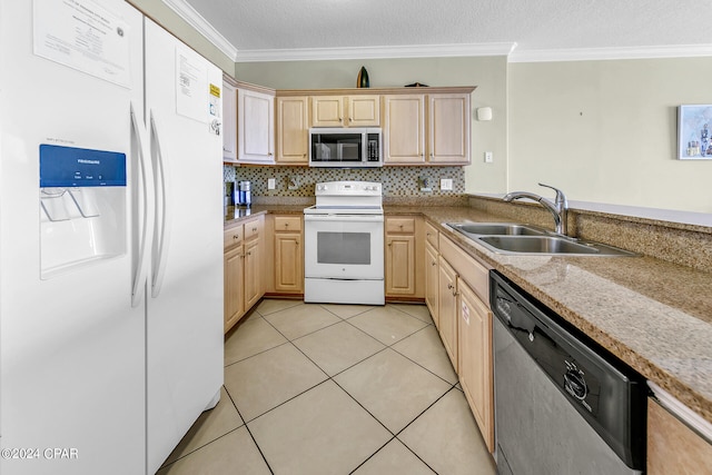kitchen with a sink, light brown cabinetry, crown molding, and appliances with stainless steel finishes