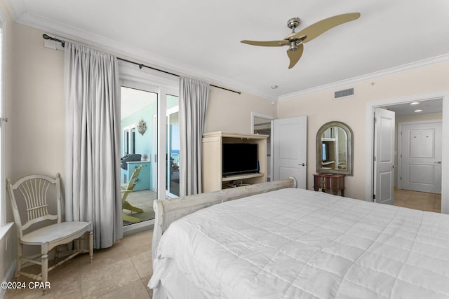 bedroom featuring ceiling fan, crown molding, and access to exterior