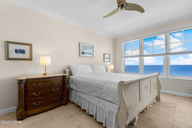 tiled bedroom with ceiling fan, crown molding, and a water view