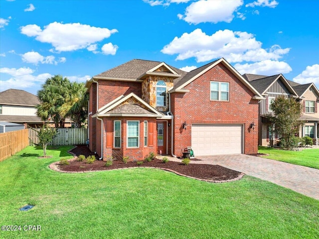 view of front of house featuring a front lawn and a garage