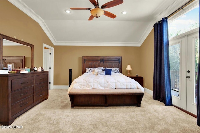 carpeted bedroom featuring ceiling fan, vaulted ceiling, ornamental molding, and access to exterior