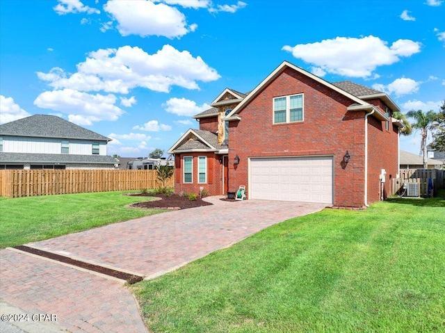 front of property featuring a garage, central AC, and a front yard