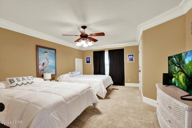 bedroom with light colored carpet, ornamental molding, and ceiling fan