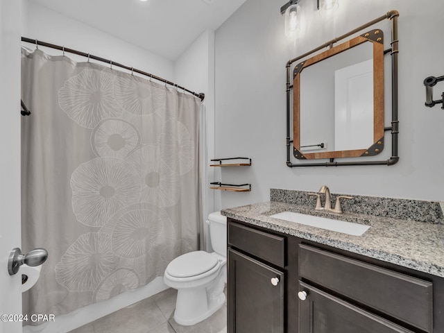 full bathroom with vanity, shower / bathtub combination with curtain, toilet, and tile patterned flooring