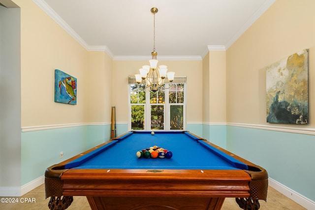 game room featuring pool table, ornamental molding, light tile patterned floors, and a chandelier