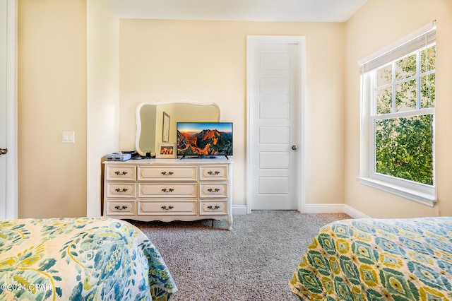 bedroom featuring light colored carpet